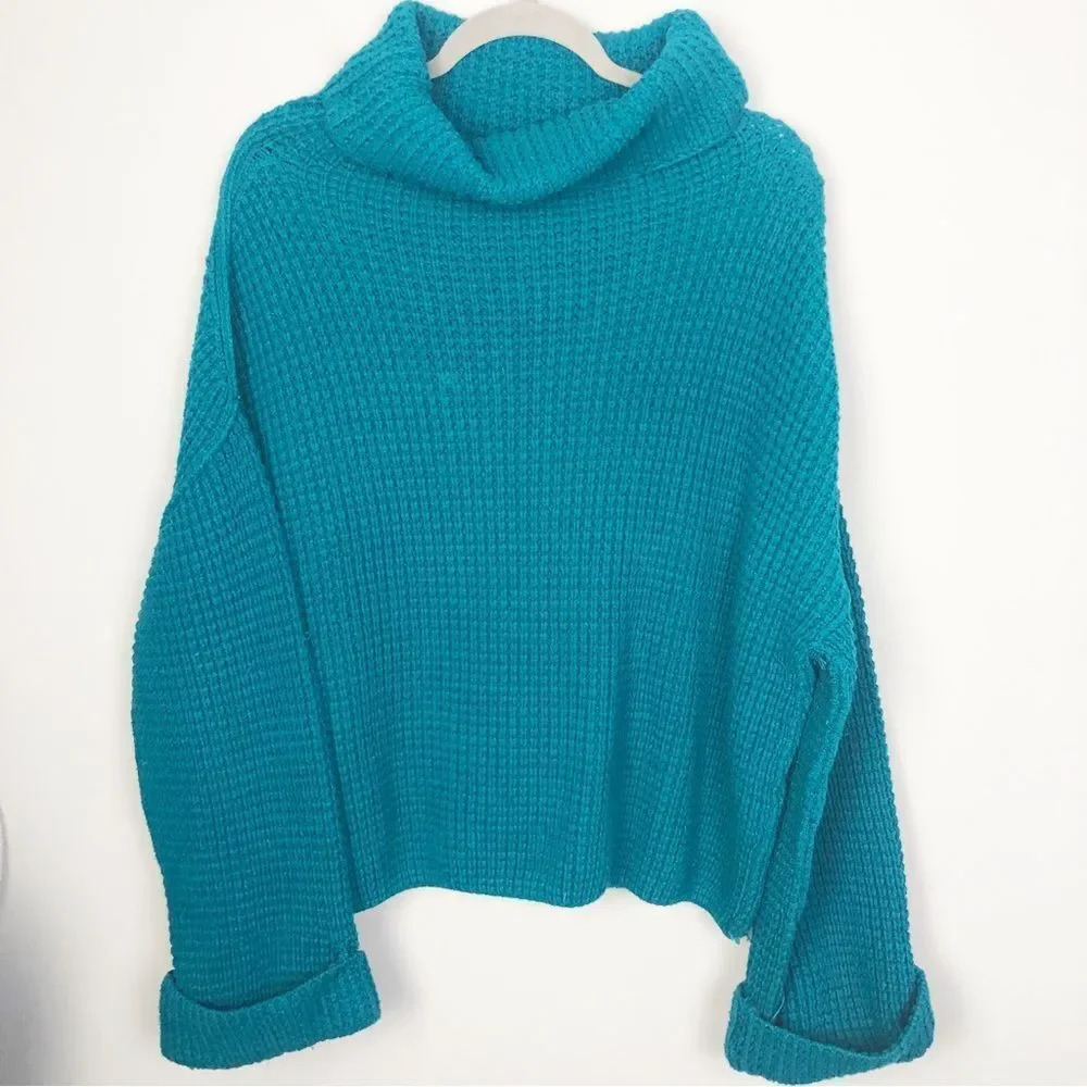 FREE PEOPLE | Park City Chunky Knit Teal Cowl Neck Sweater Women’s Size Medium - Picture 4 of 12